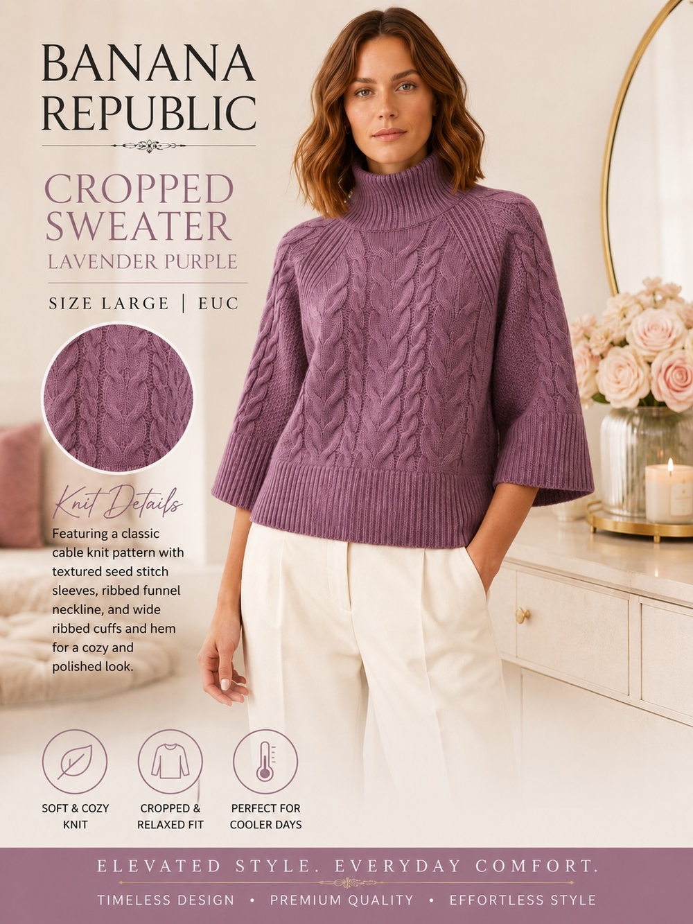 Banana Republic Lavender Purple Cable-Knit Cropped Sweater|Large|EUC